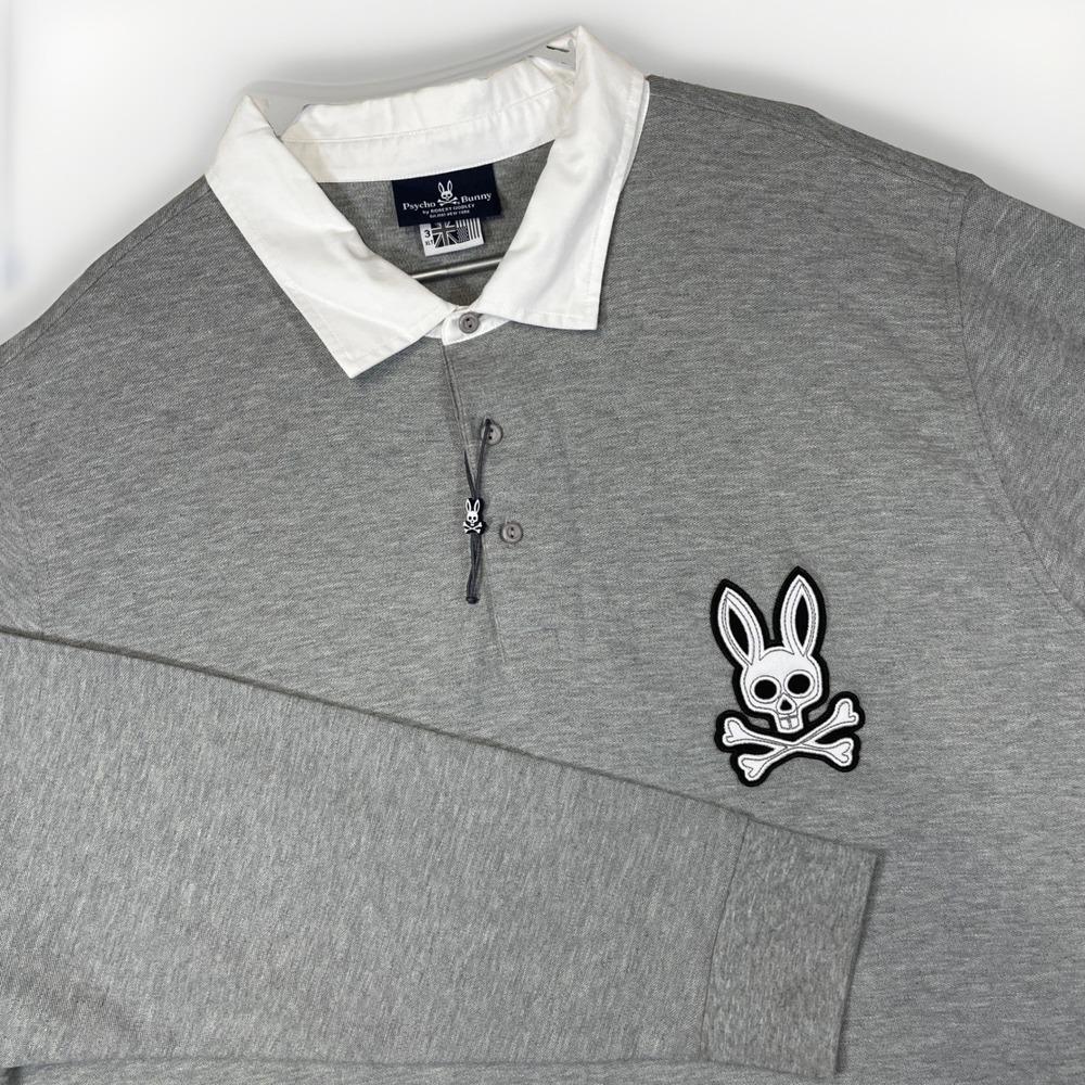 Psycho Bunny Mens 3XLT Pima Cotton Long Sleeve Rugby Polo Shirt Heather Grey